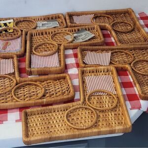 Vintage Rattan Wicker Snack Drink Tray  6 pc L Shape 2 Cups 12'' Diagonal
